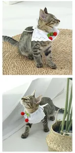 Detailansicht Katze mit weißem Spitzenlatz und Kirsch-Deko auf einer Strohmatte