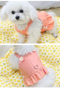 Vue détaillée de la robe harnais pour chien couleur pêche avec des marguerites et des volants