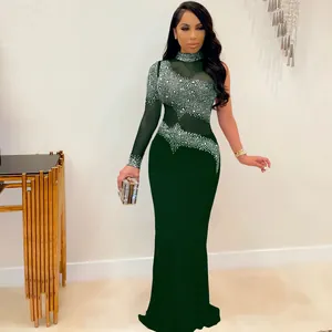 Vestido de noche verde oscuro con diamantes de imitación y malla de un solo hombro