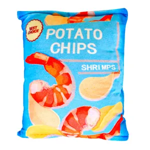 Plush squeaky blue shrimp potato chip bag toy for small to medium sized dogs and cats