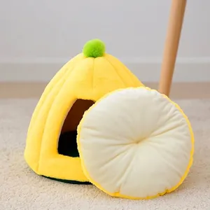 Cuccia chiusa per gatti a forma di limone giallo con morbido cuscino rimovibile a due lati