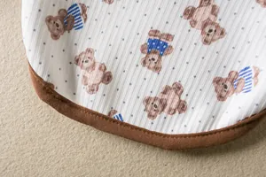 Detailed macro view of ribbed fabric and teddy bear print on pet vest with brown piping