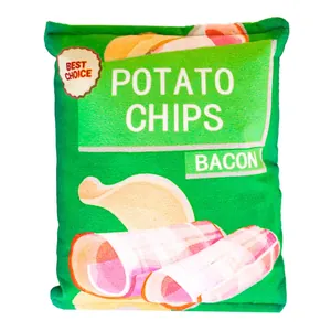Detail of plush squeaky potato chip bag pet toy with realistic bacon flavor design