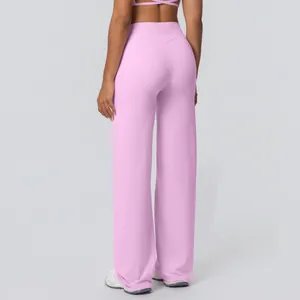 Back view of high-waisted pink yoga wide-leg pants showing a flattering brushed fabric fit.