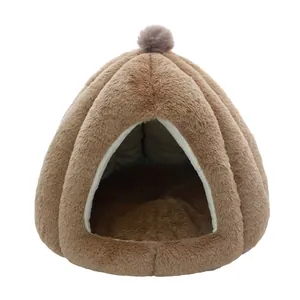 Cuccia per gatti chiusa in peluche marrone calda con cuscino spesso per piccoli animali