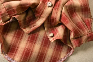 Macro detail of red plaid pet shirt fabric showing texture and vintage wooden buttons