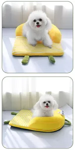 Comfortable yellow striped pet sleeping mat with plush backrest for small dogs and cats