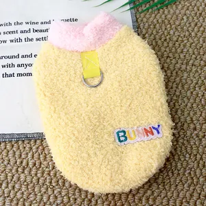Warm yellow fleece pet sweater with fuzzy pink collar and colorful Bunny patch for cats
