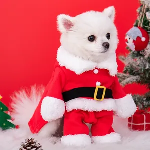 Festive Santa Claus standing dog costume for small pets, soft plush Christmas outfit.