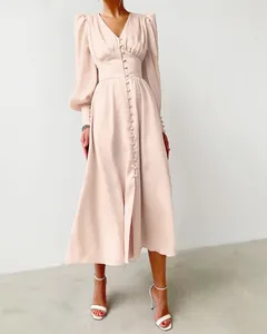 Elegante satijnen Franse jurk met lantaarnmouwen en een getailleerde taille voor vrouwen