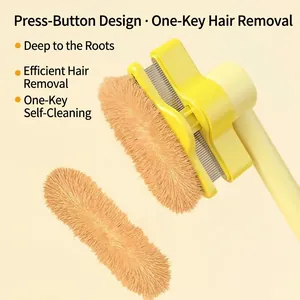 Brosse autonettoyante jaune pour chats et chiens avec retrait des poils en un seul clic