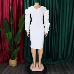 Elegant plus size white long sleeve midi dress with unique decorative ruffled sleeves.