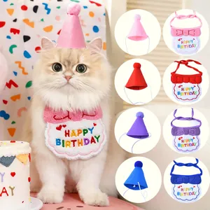 Set de Decoración de Fiesta de Cumpleaños para Mascotas Babero Bordado Happy Birthday y Sombrero de Cono Ajustable para Perros Gatos