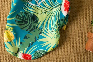 Dettaglio ravvicinato di una camicia estiva per cani con stampa tropicale di frutta