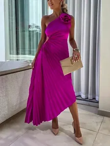 Elegant fuchsia one-shoulder pleated evening dress with waist cutout and shoulder flower