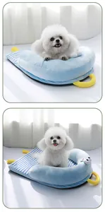 Detailed view of the blue and white striped pet bed with a plush U-shaped pillow.
