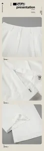 Close-up of white cotton linen high waist pants showing zipper and metal hook closure