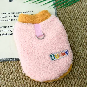 Warm pink fleece cat sweater with BUNNY patch and D-ring for leash attachment