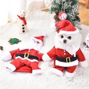 Festive red Santa Claus dog costume for small pets on a white plush background