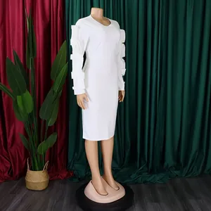 Elegant white long-sleeved midi dress featuring unique pleated detailing on sleeves for office.