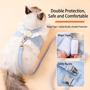 Ensemble Harnais et Laisse en Polyester pour Petits Chiens Chats Bordure en Dentelle Florale Décorative Maille Respirante Harnais