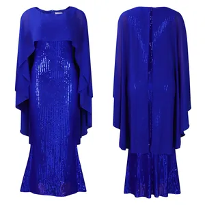 Detailansicht der Vorder- und Rückseite eines königsblauen Pailletten-Abendkleids mit Chiffon-Cape