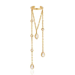 Gold stainless steel ear cuff with elegant dangling teardrop CZ chain tassels for women