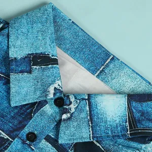Macro view of the collar and textured blue printed fabric on a slim fit dress.
