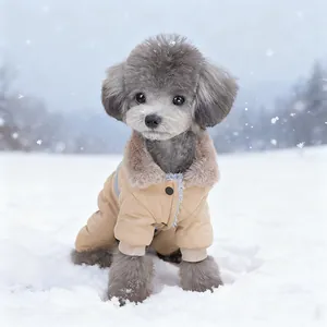 Thickened winter dog coat with quilted diamond pattern and faux fur collar in snow.