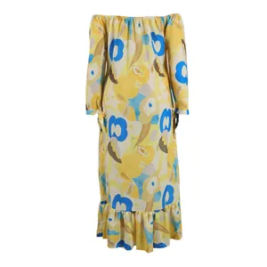 Back detail of a vibrant yellow and blue floral printed long-sleeved off-the-shoulder dress