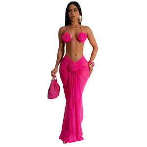 Elegant hot pink 3-piece bikini set with 3D floral appliqués and long mesh skirt detail