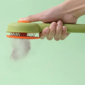 Self-cleaning pet grooming brush for cats and dogs featuring one-click hair release