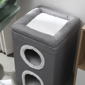 Casa per gatti pieghevole a 3 livelli in tessuto grigio con bordo in peluche bianco e cuscino morbido