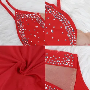 Detailed view of the red party dress with sparkling rhinestones and mesh fabric