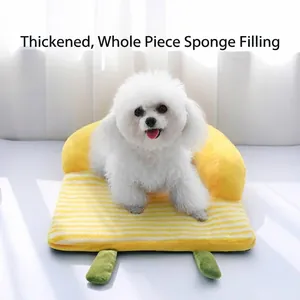 Comfortable yellow striped pet sleeping mat with thick sponge filling for small dogs