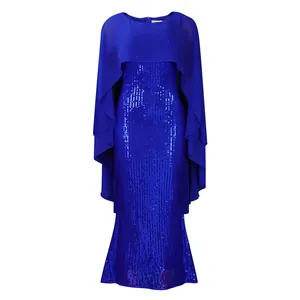 Elegantes königsblaues Pailletten-Abendkleid mit passendem Chiffon-Cape-Schal