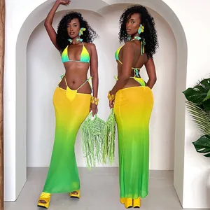Front and back view of a sexy 3-piece bikini set with a yellow-green gradient maxi skirt