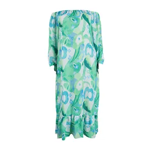 Detailed view of women's off-shoulder floral maxi dress in green and blue