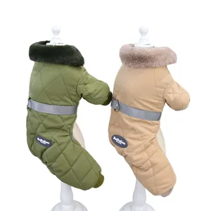 Warm quilted dog winter coat featuring faux fur collar and reflective safety strap