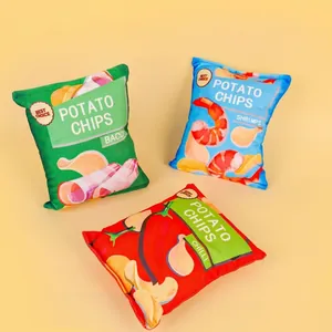 Squeaky plush dog toys in potato chip bag shapes for interactive pet play