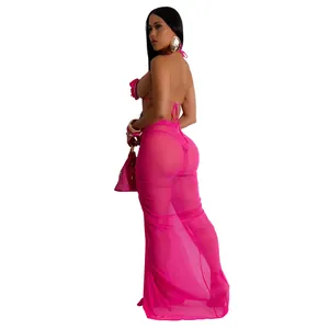 Detailed back view of hot pink three-piece bikini set featuring sheer mesh floral maxi skirt