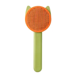 Self-cleaning pet grooming brush with cat-ear design and steel pins for dogs and cats
