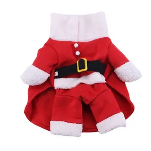 Red Santa Claus dog costume with soft white fleece trim and belt for pets