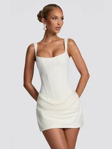 Elegant white bodycon mini dress featuring a square neckline and ruched skirt details.