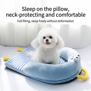 Blue striped portable pet sleeping mat with U-shaped neck pillow for small dogs