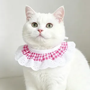 Simpatico bavaglino per animali a quadretti rosa e bianchi con bordi in pizzo su gatto bianco