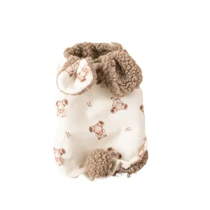 Adorable cream pet vest with bear print and fluffy lamb wool collar for small dogs