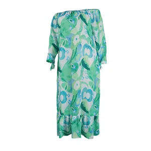 Full view of a sexy green and blue off-the-shoulder floral print maxi dress for women