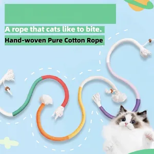Hand-woven colorful pure cotton rope cat toy for interactive play and teething relief