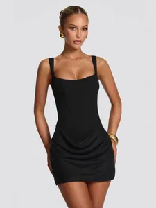Elegant sleeveless black bodycon dress with square neckline and stylish draped skirt